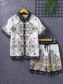 男士印花拼接短袖襯衫+休閒短褲家庭裝配套（4件分別出售） - 白色 - 查看 1