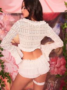 Lace Patchwork Ruffle Mini Low Waist Skort - Beige - View 2