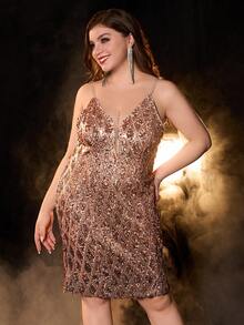 Champagne-Colored Spaghetti Strap V-Neck Plus Size Women's Party Dress - Champagne - View 6