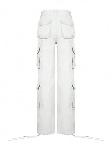 Women Straight Loose Solid Color Casual Cargo Pants - White - View 2