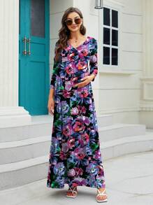 Maternity Fashionable Printed Long Sleeve Dress - Multicolor - View 1