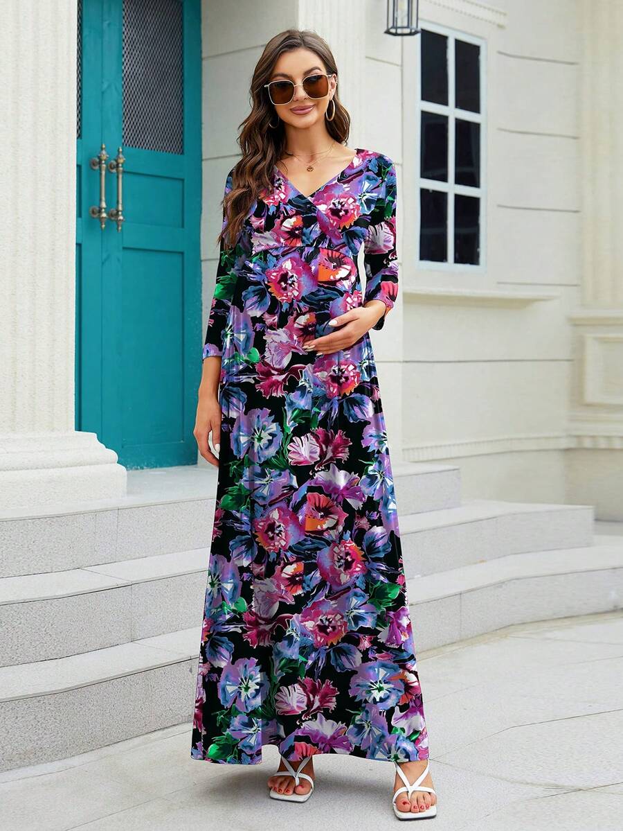 Maternity Fashionable Printed Long Sleeve Dress - Multicolor - View 1