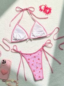 Swim Mod Summer Beach Women's Cute Style Cherry Printed Bikini Set (Separates) Cute Bathing Suits - Pink - View 2