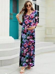 Maternity Fashionable Printed Long Sleeve Dress - Multicolor - View 3