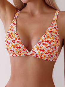 Swim Mod Summer Beach Floral Print V-Neck Bikini Top - Multicolor - View 3