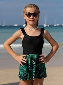 Tween Girls' Tropical Printed Ruffle Trimmed Tank Top And Triangle Bottom Tankini Set - Black - View 4