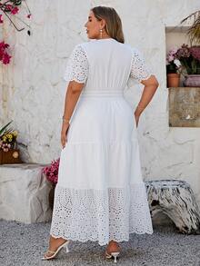 Simplee Plus Size Women's V-Neck Embroidered Hollow-Out Long Dress, Elegant, Dignified, Suitable For Teachers