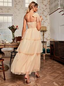 Simplee Women's One Shoulder Sleeveless Mesh Cocktail Party Dress - Apricot - View 2