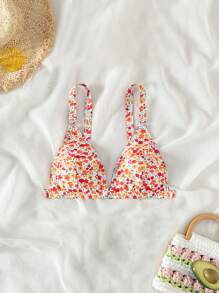 Swim Mod Summer Beach Floral Print V-Neck Bikini Top - Multicolor - View 6