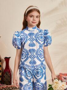 SHEIN 中小學女生適合的a字型刺繡立領泡泡袖襯衫 - 藍白色 - 查看 1