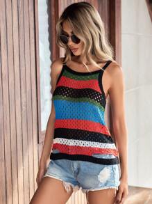 Breezaya Color-Block Hollow Out Knitted Camisole Top - Multicolor - View 3