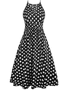 SHEIN Clasi 大尺碼波點無袖連衣裙,鑽石領口設計 - 黑與白 - 查看 1