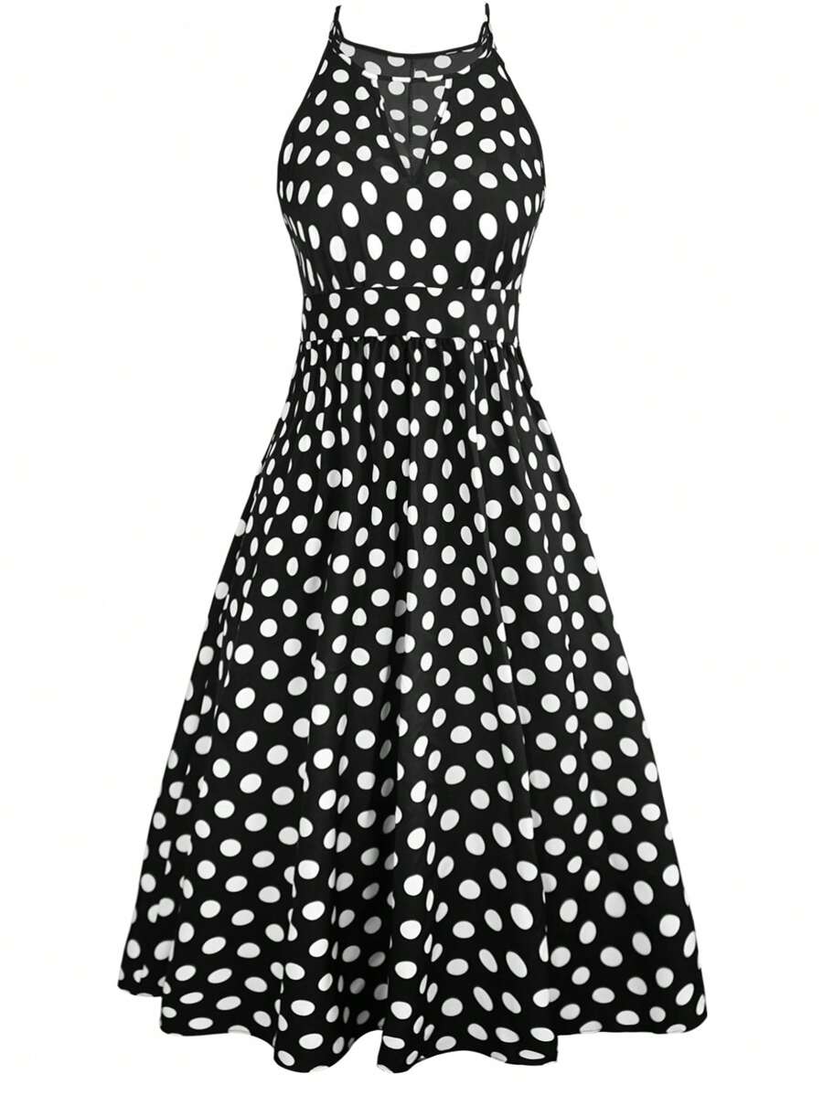 SHEIN Clasi 大尺碼波點無袖連衣裙,鑽石領口設計 - 黑與白 - 查看 1