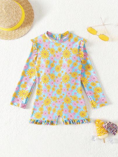 Cô gái Tween In Hoa Ruffle Cắt tỉa Áo tắm một mảnh Với Trang trí