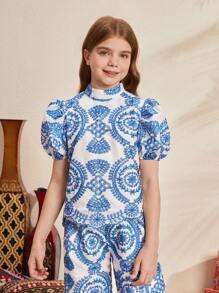 SHEIN 中小學女生適合的a字型刺繡立領泡泡袖襯衫 - 藍白色 - 查看 5