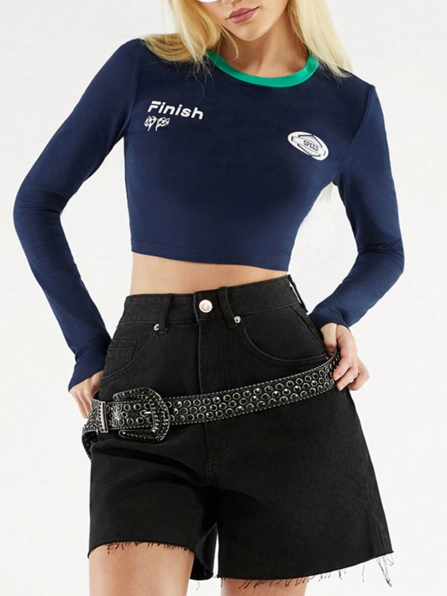 Forever 21 Của phụ nữ Kiểu Mỹ Retro Lá thư In Tay áo dài Cơ bản Top Cây trồng Áo thun - Màu xanh lam - Xem 1