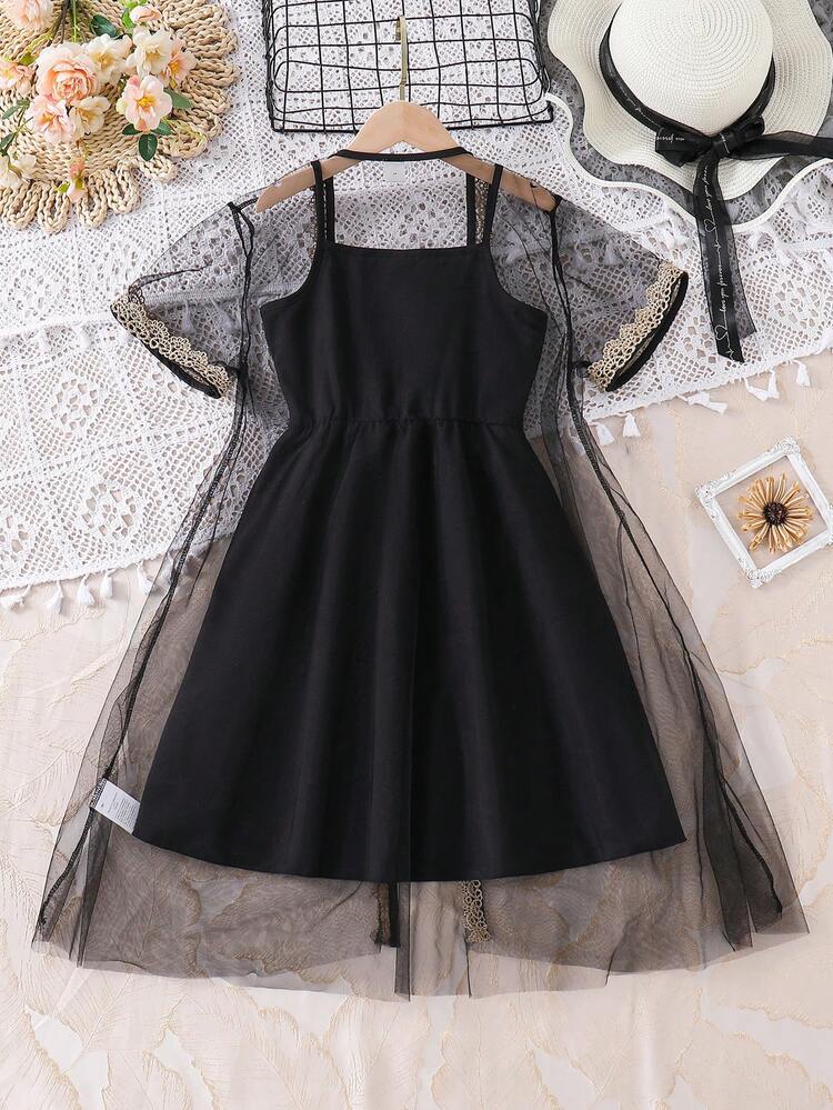 2pcs/Set Tween Girls' Elegant Mesh Jacket And Cami Dress