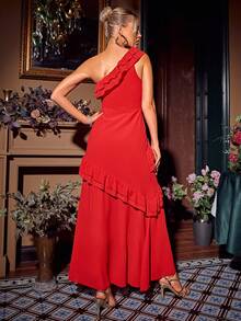 Glamaker 女式一肩荷葉邊下擺連身裙 - 紅色 - 查看 2
