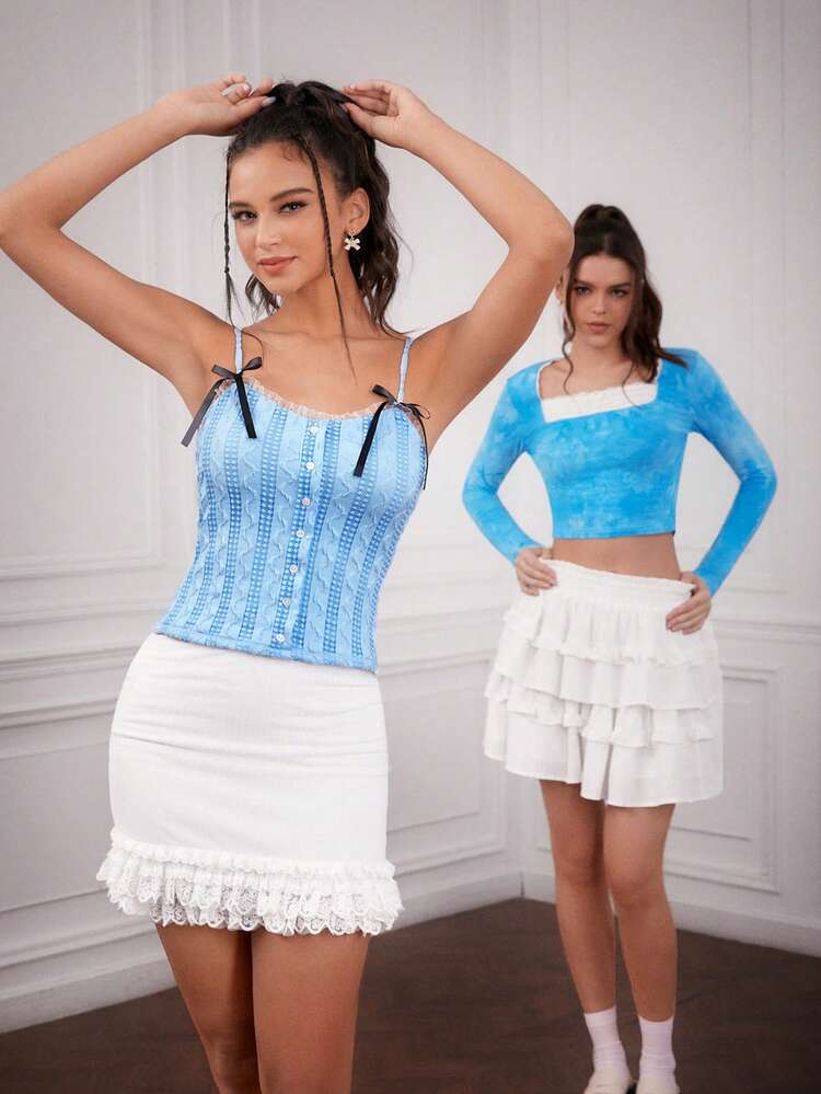 Women's Multi-Layer Embroidered Mesh Hem Bodycon Skirt