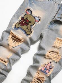 Men Cotton Bear Patched Ripped Frayed Rag Stitching Jeans - Medium Wash - View 6