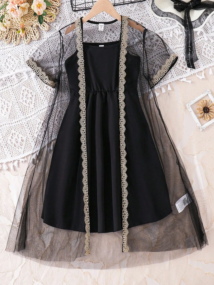 2pcs/Set Tween Girls' Elegant Mesh Jacket And Cami Dress