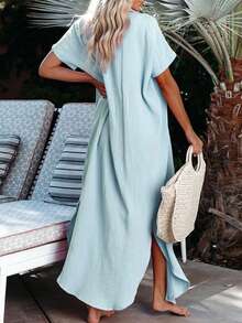 Casual Ruched Button Slit Side Split Button Hem Long Kimono Swimsuit Beach Dresses - Blue - View 2