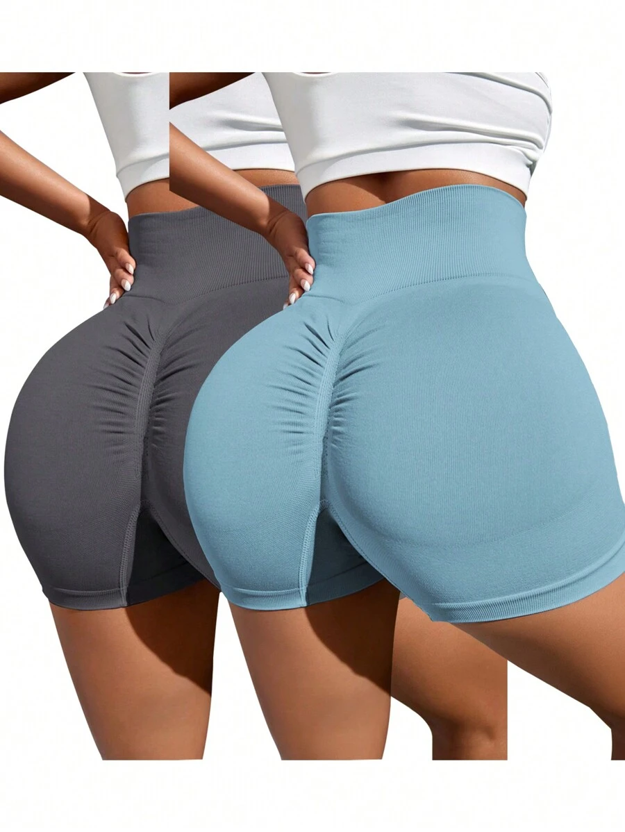 Gameset SHEIN Sport Women's Two-Piece Light Blue + Dark Gray Short Pants, Featuring A Sexy And Curvaceous Bottom, Seamless Knitted High-Waisted Lifting Buttocks Yoga Pants, Sport Compression, Soft Elastic, Tight And Breathable. Short Style Sport Pants With A Slim Fit, Suitable For Running, Cycling, Fitness, Outdoor Sports, Training. Thick Short Pants, Fashionable Peach-Shaped Buttocks, Suitable For Spring, Summer And All Seasons. Best-Selling Style. - Multicolor - View 1