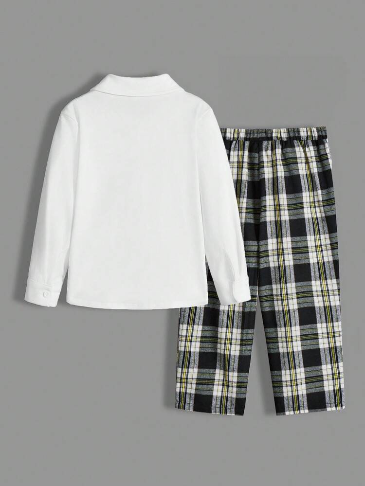 Young Boys' Preppy Style Shirt And Plaid Pants Set