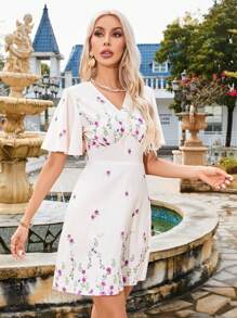 GENKIRA Floral Print V-Neck Waist Cinched Dress - Multicolor - View 4