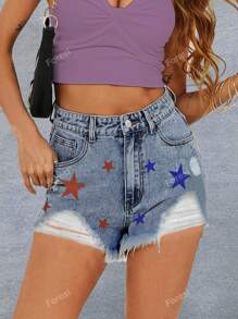 Basic Star Print Frayed Edge Straight Leg Denim Shorts