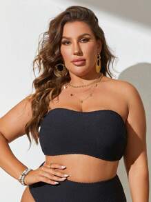 SHEIN Swim Curve Top de bikini de talla grande y sin tirantes en unicolor para playa de verano - Negro - Ver 4