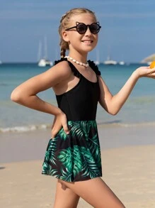 Tween Girls' Tropical Printed Ruffle Trimmed Tank Top And Triangle Bottom Tankini Set - Black - View 7