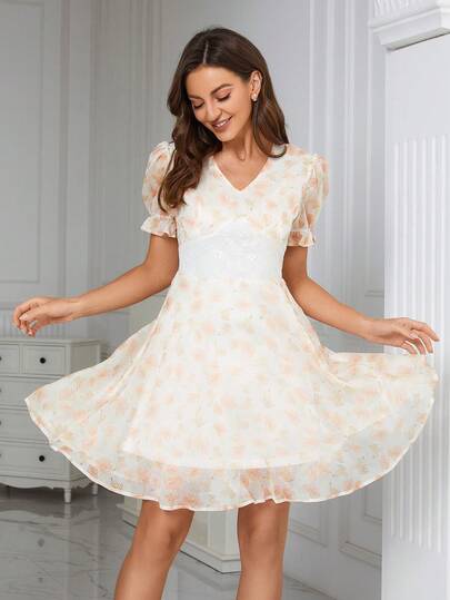 Women's V-Neck Short Sleeve Cinched Waist Floral Print Dress