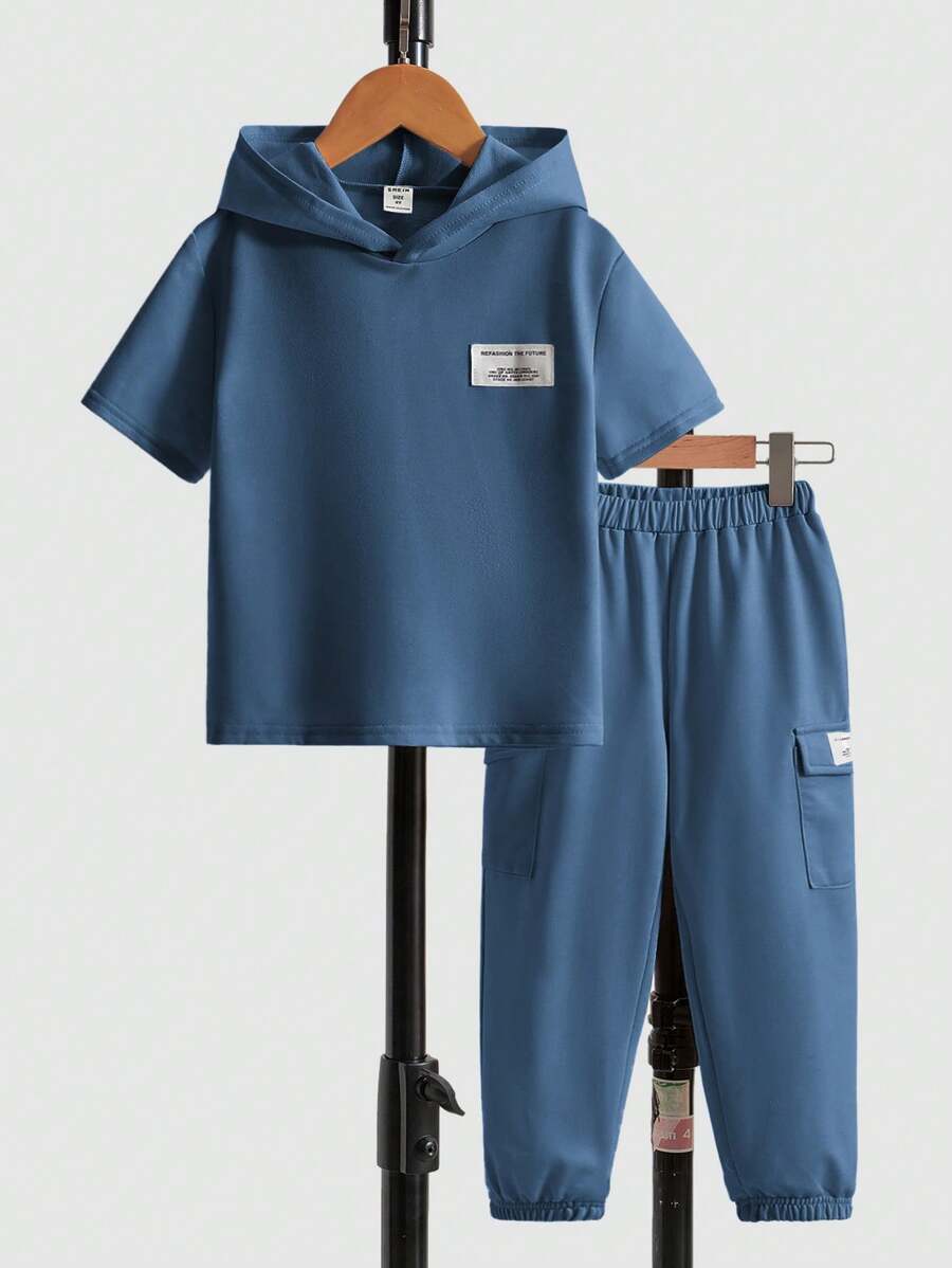 SHEIN Young Boys' Casual Hooded Jacket And Pants Set With Letter Patch Pattern - Blue - View 1