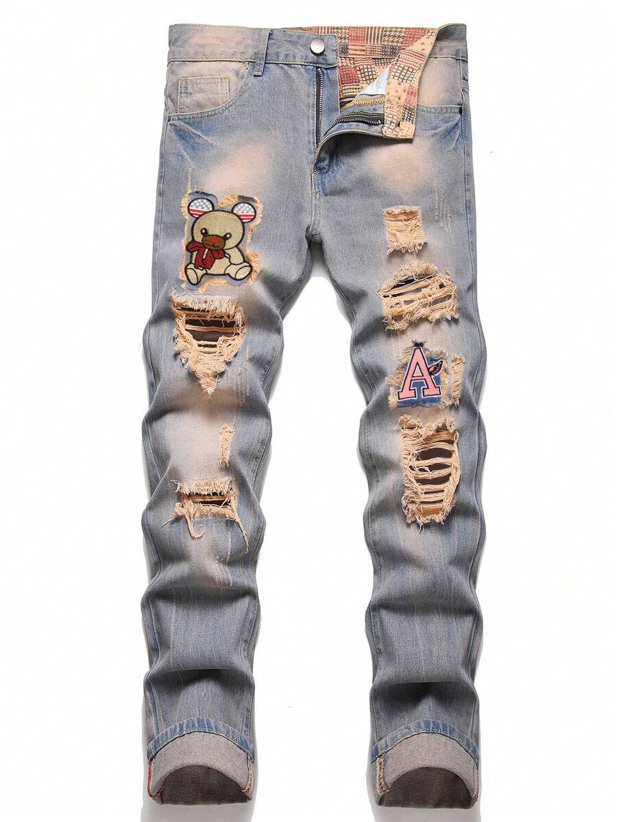 Men Cotton Bear Patched Ripped Frayed Rag Stitching Jeans - Medium Wash - View 1