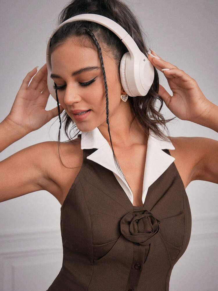 Color Block Stand Collar 3d Flower Vest And Pleated Skirt