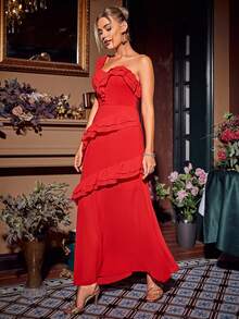Glamaker 女式一肩荷葉邊下擺連身裙 - 紅色 - 查看 5