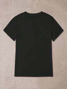 SHEIN LUNE Vòng cổ In thư Ngắn tay Áo thun - màu đen - Xem 2