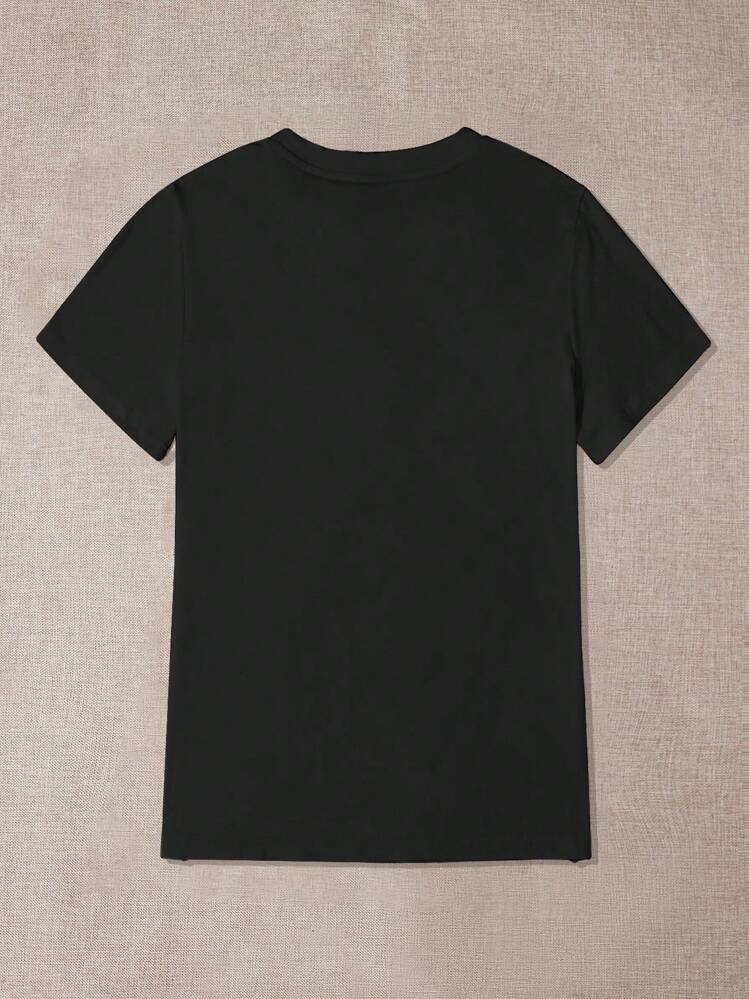 SHEIN LUNE Round Neck Letter Print Short Sleeve T-Shirt - Black - View 2