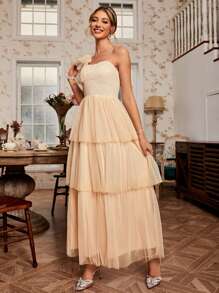 Simplee Women's One Shoulder Sleeveless Mesh Cocktail Party Dress - Apricot - View 1