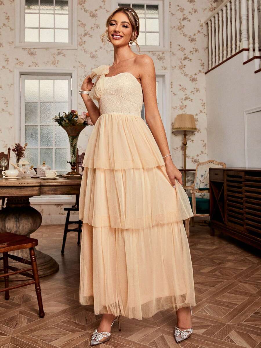 Simplee Women's One Shoulder Sleeveless Mesh Cocktail Party Dress - Apricot - View 1