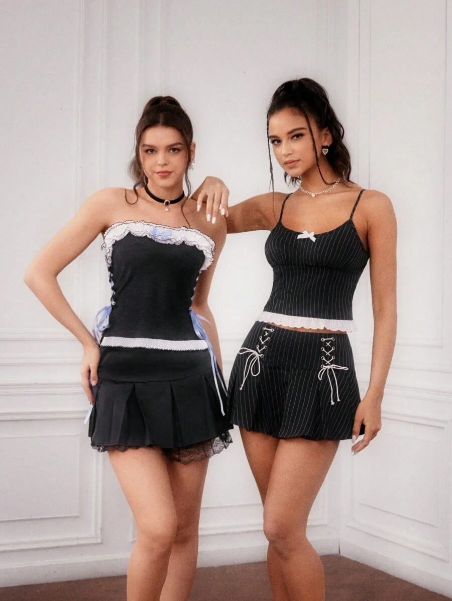 Forever 21 Women's Color Block Crossed Ribbon Strap Peplum Top With Ruffled Hem - Black - View 1