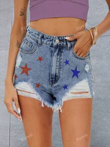 Basic Star Print Frayed Edge Straight Leg Denim Shorts