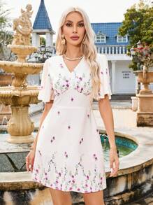 GENKIRA Floral Print V-Neck Waist Cinched Dress - Multicolor - View 2