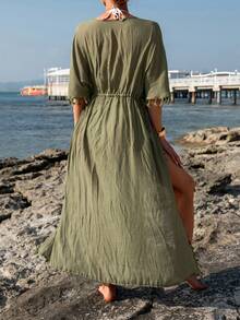 SHEIN Swim Của phụ nữ Phong cách Đơn giản Viền chia cắt Cover Ups & Áo đầm - Màu Khaki - Xem 2