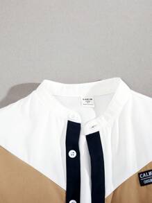 SHEIN Young Boy's Casual Comfortable Colorblock Short Sleeve Shirt And Straight Pants Set With Patched Detail - Khaki - View 3