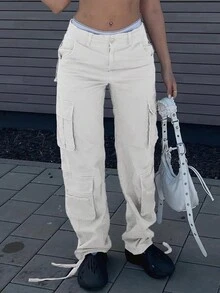 Women Straight Loose Solid Color Casual Cargo Pants - White - View 3