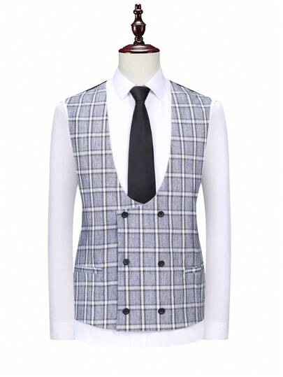 Manfinity Mode Chaleco De Traje Doble Botonadura A Cuadros De Talla Grande Para Hombres