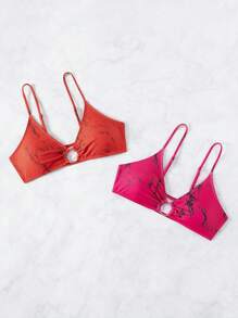 SHEIN Swim 2pcs/Set Women's Marble Print Bikini Top With Spaghetti Straps Summer - Multicolor - View 3