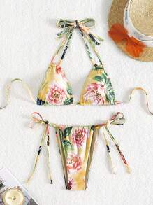 SHEIN Swim Conjunto de bikini de escote de halter con estampado floral para mujer, para la playa de verano